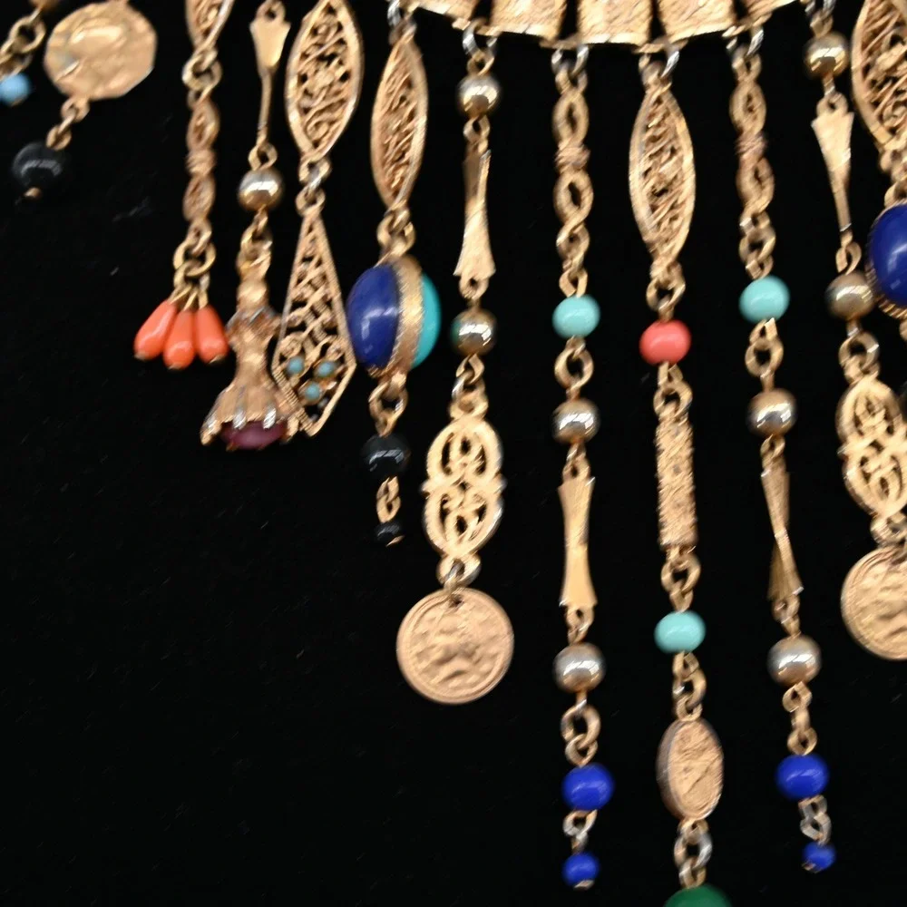 Vintage Gold Tone Victorian Revival Fringe Charm Necklace Lapis Coral Turquoise